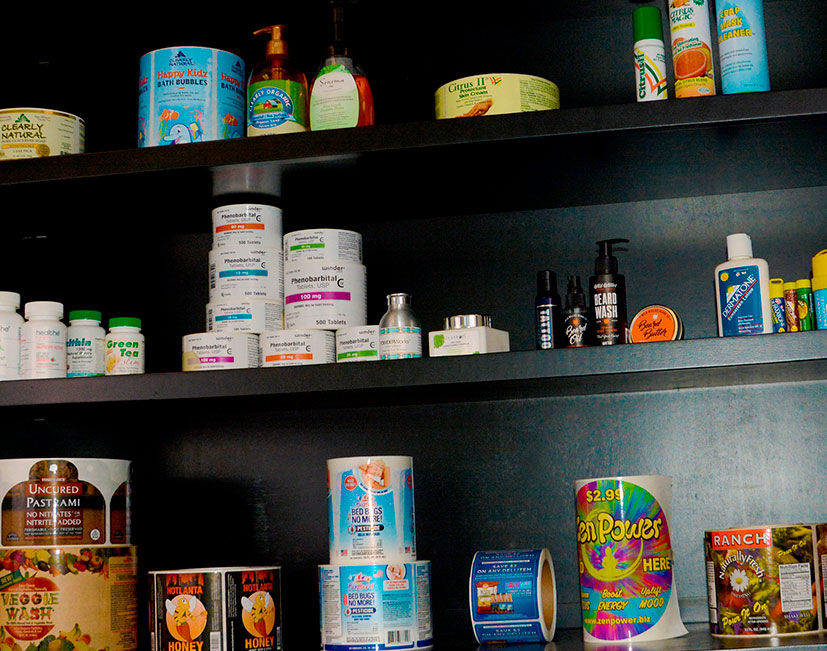 Shelf of label products
